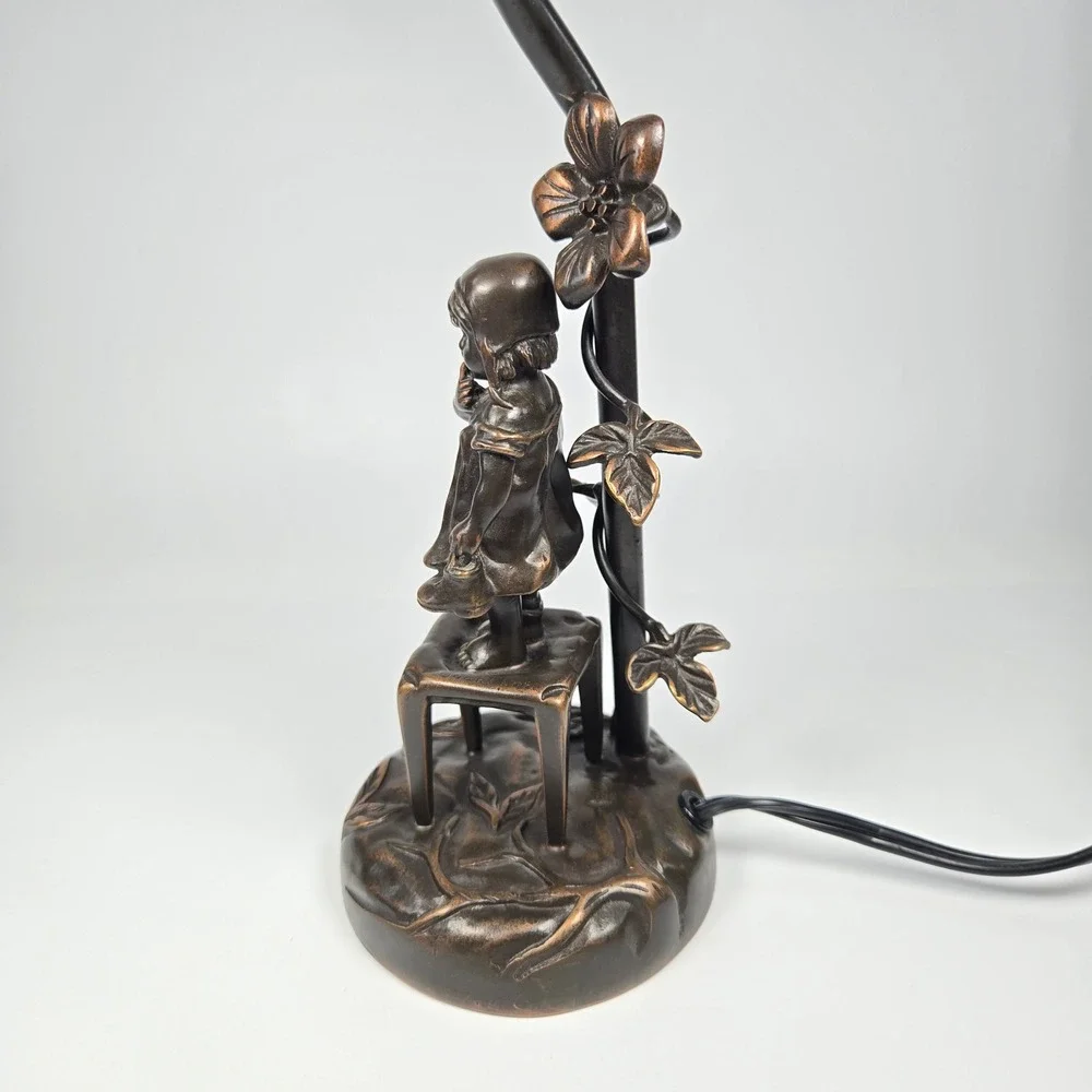 Vintage Juan Clara Bronze Statue Girl on Chair Table Lamp Pink Frost Glass Shade